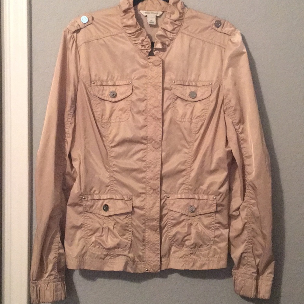 WHBM Zip + Button Jacket with Ruffled Collar